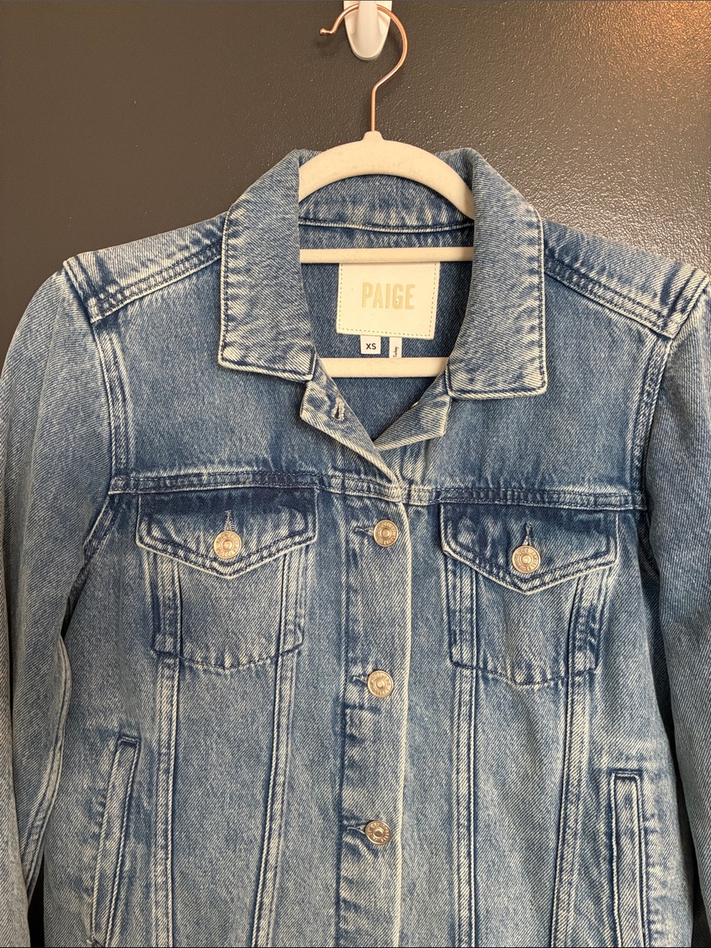 PAIGE Light Blue Denim Rowan Jacket with Raw Hem pearl blue Sz XS - Picture 6 of 10